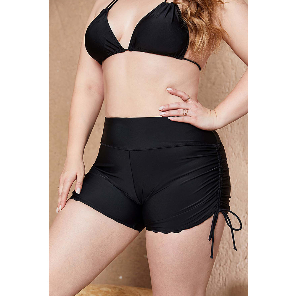 Charmo Women's Plus Size High Waisted Scalloped Hem Swim Shorts with Adjustable Side Drawstrings Swim Bottom