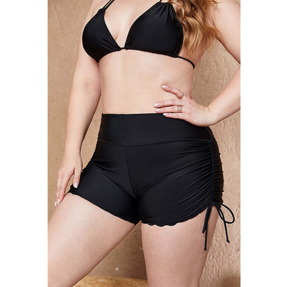 Charmo Women's Plus Size High Waisted Scalloped Hem Swim Shorts with Adjustable Side Drawstrings Swim Bottom