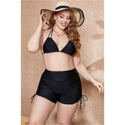 Charmo Women's Plus Size High Waisted Scalloped Hem Swim Shorts with Adjustable Side Drawstrings Swim Bottom