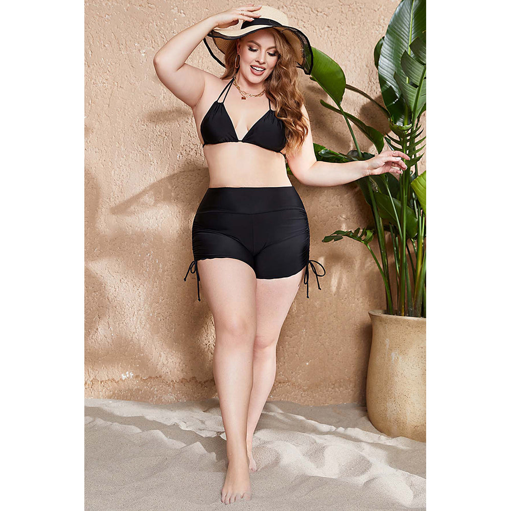 Charmo Women's Plus Size High Waisted Scalloped Hem Swim Shorts with Adjustable Side Drawstrings Swim Bottom