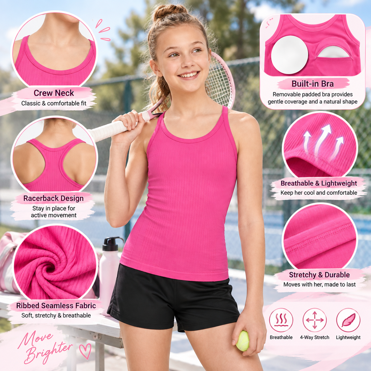 Attraco Girls Ribbed Racerback Athletic Tank Top with Built-In Bra, Seamless Sleeveless Workout Shirt 9-16Years