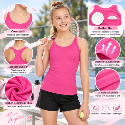 Attraco Girls Ribbed Racerback Athletic Tank Top with Built-In Bra, Seamless Sleeveless Workout Shirt 9-16Years