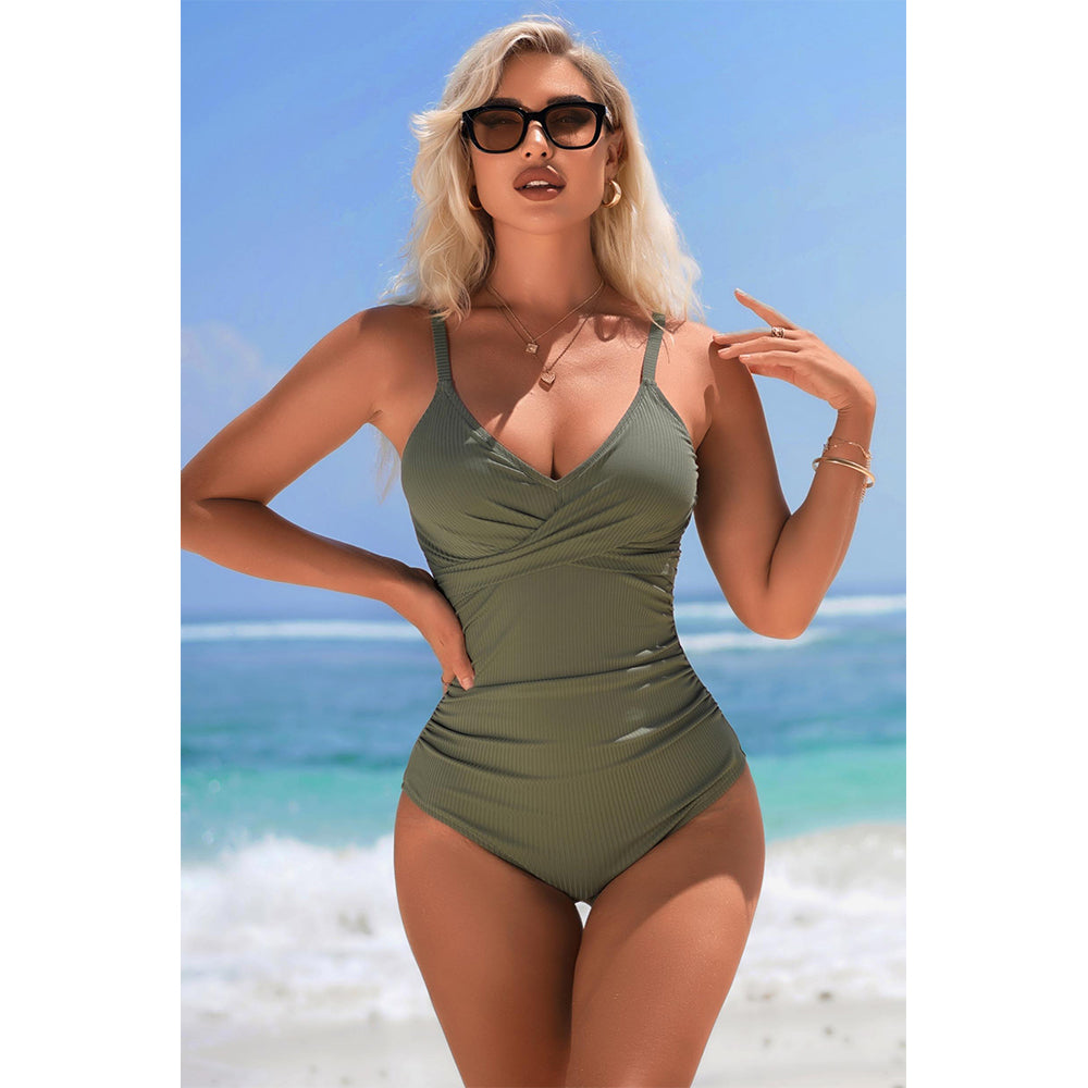 Charmo Women's Cross-Front Ruched One-Piece Swimsuit Back Cutout & Adjustable Clasp Tummy Control Bathing Suit