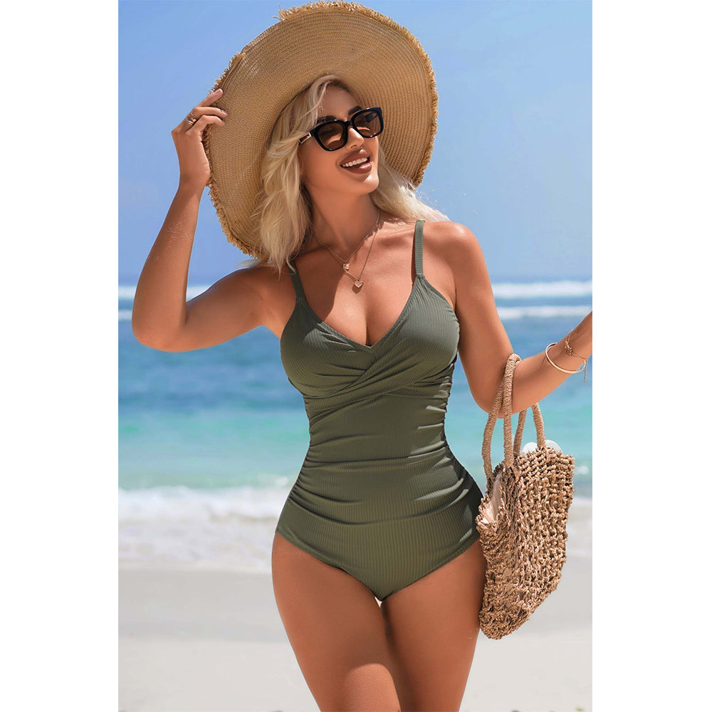 Charmo Women's Cross-Front Ruched One-Piece Swimsuit Back Cutout & Adjustable Clasp Tummy Control Bathing Suit
