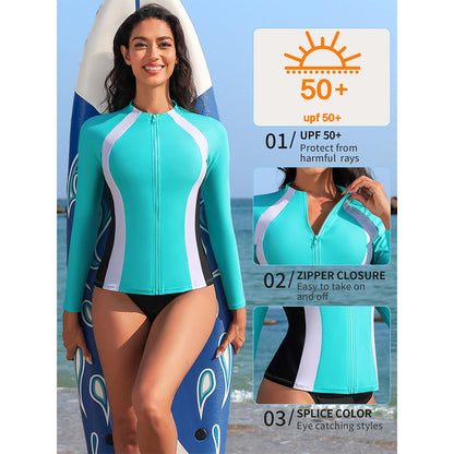 Attraco Women's Full Zip UPF 50+ Long Sleeve Rash Guard Shirts Sun Protection Surfing Swimsuit