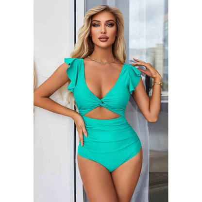 Charmo Women's Ruffled Sleeve Twist Front Cutout One Piece Swimsuit Tummy Control Bathing Suit