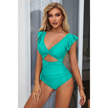 Charmo Women's Ruffled Sleeve Twist Front Cutout One Piece Swimsuit Tummy Control Bathing Suit
