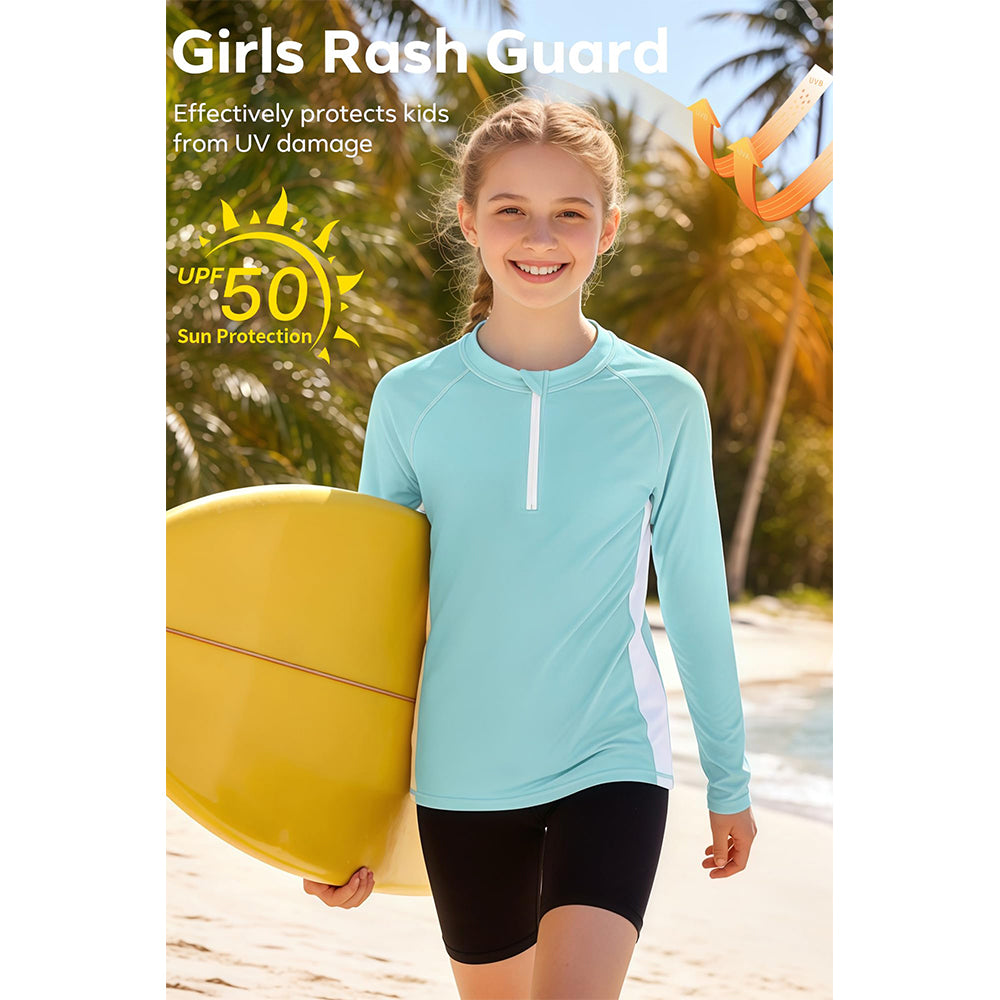 Charmo Rash Guard for Girls UPF 50+ UV Protection Swim Shirt Zip Up Long Sleeve Swim Top Athletic Shirts 7-16 Years