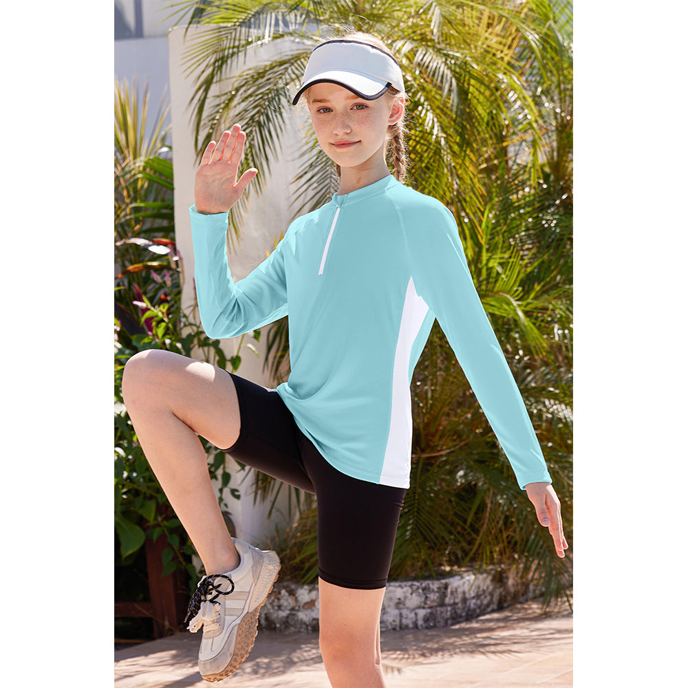 Charmo Rash Guard for Girls UPF 50+ UV Protection Swim Shirt Zip Up Long Sleeve Swim Top Athletic Shirts 7-16 Years