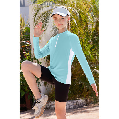 Charmo Rash Guard for Girls UPF 50+ UV Protection Swim Shirt Zip Up Long Sleeve Swim Top Athletic Shirts 7-16 Years