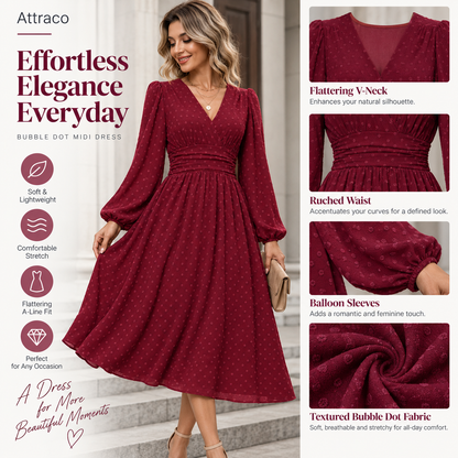 Attraco Women V Neck Bubble Dot Midi Dress Long Balloon Sleeve Ruched Waist Flowy Dress