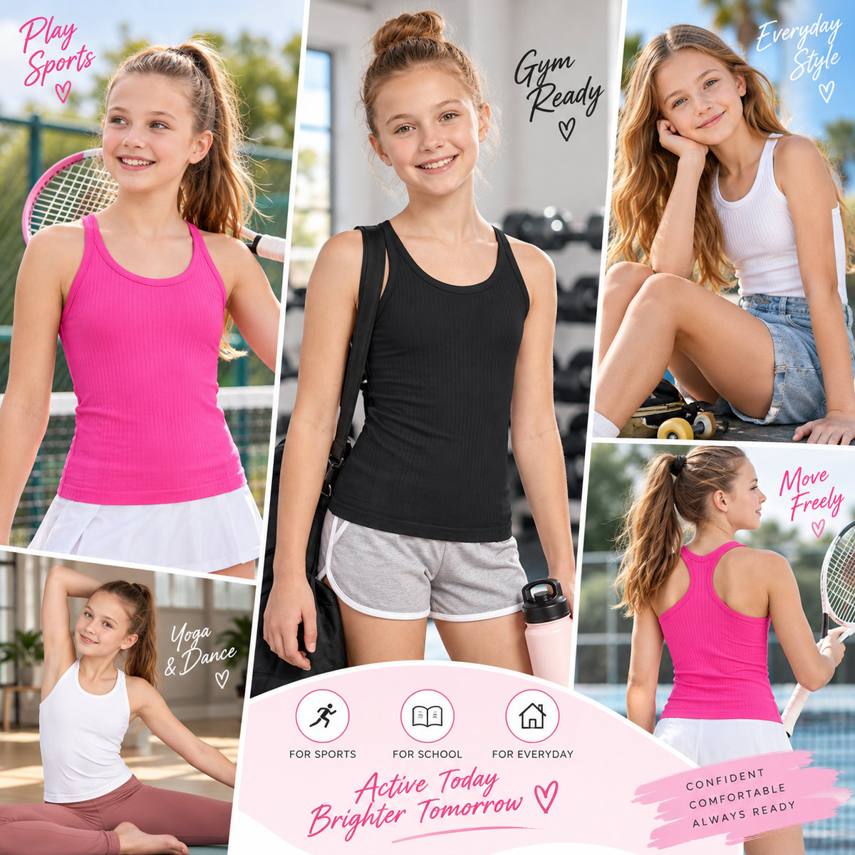 Attraco Girls Ribbed Racerback Athletic Tank Top with Built-In Bra, Seamless Sleeveless Workout Shirt 9-16Years