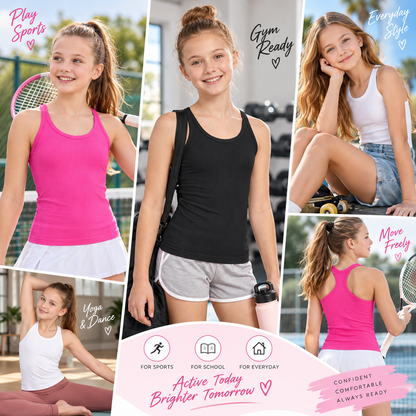 Attraco Girls Ribbed Racerback Athletic Tank Top with Built-In Bra, Seamless Sleeveless Workout Shirt 9-16Years
