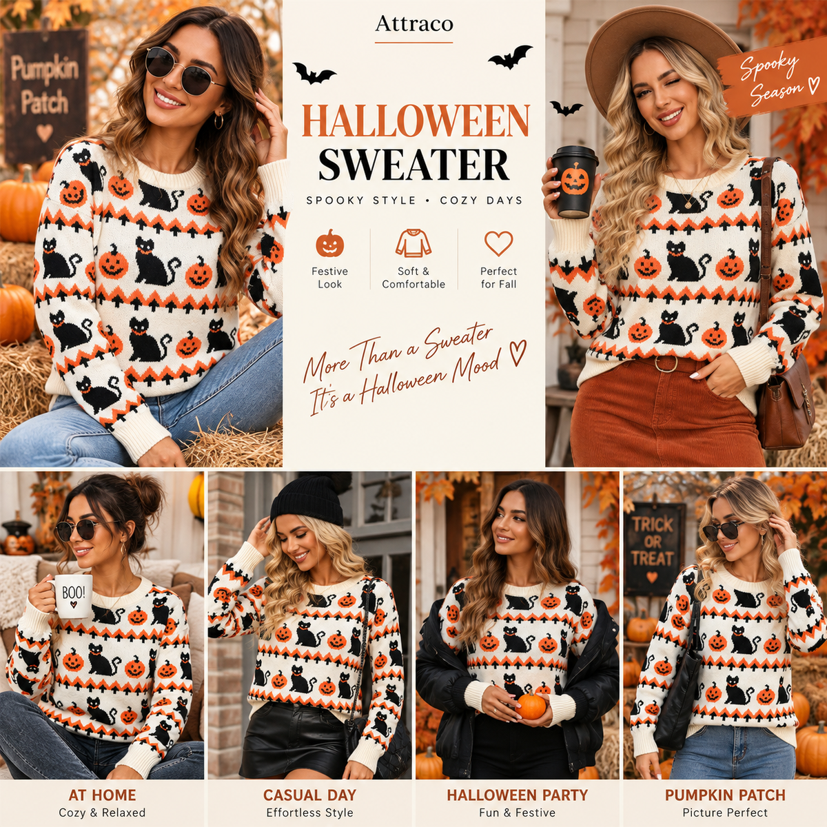 Attraco Women's Halloween Pumpkin & Black Cat Jacquard Sweater Cozy Crewneck Long Sleeve Knit Pullover Fall Winter Casual Holiday Top