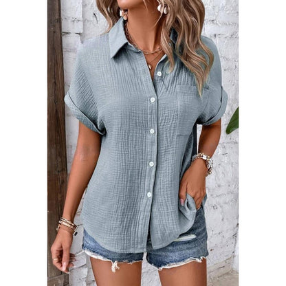Attraco Women's Short Sleeve Roll Cuff Button Front Cotton Shirt with Chest Pocket