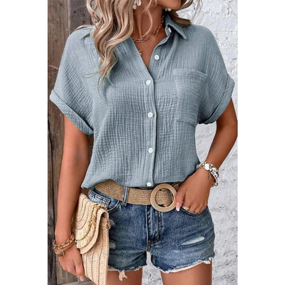 Attraco Women's Short Sleeve Roll Cuff Button Front Cotton Shirt with Chest Pocket