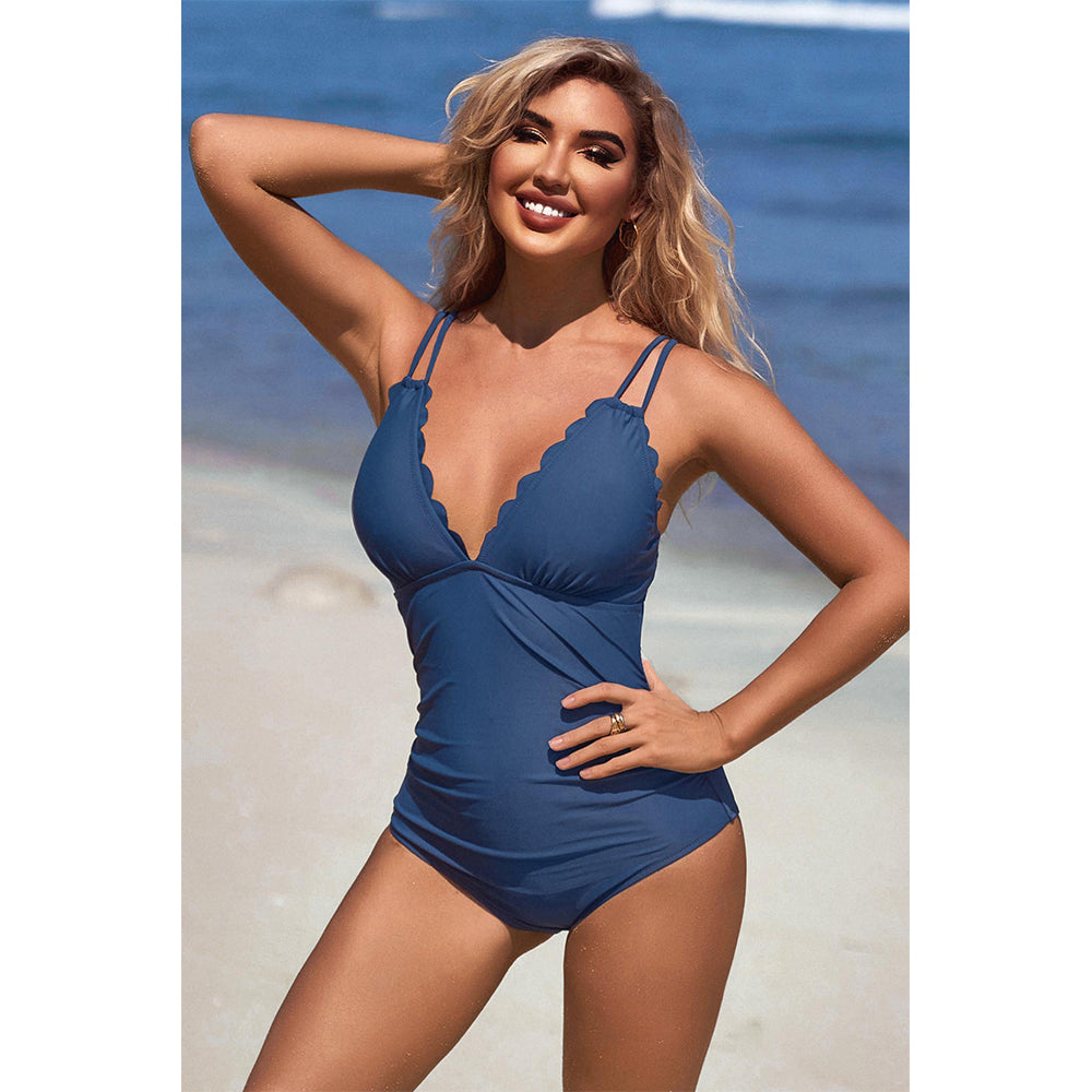 Charmo Women's Scalloped V-Neck Double-Strap One-Piece Swimsuit