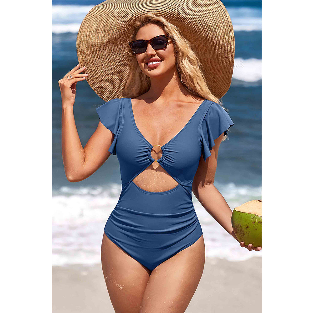 Charmo Women's Ruffled Sleeves Bust Ring Accent Figure-Flattering Cutouts One Piece Swimsuit