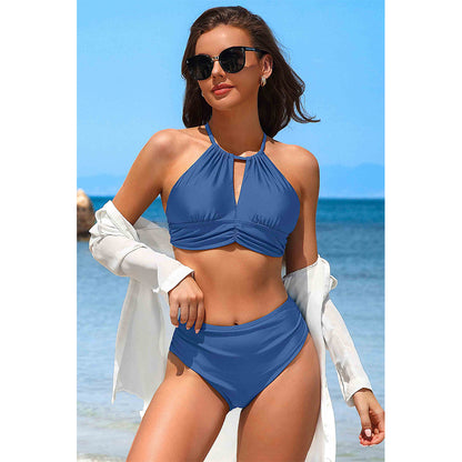 Charmo Women's Halter Keyhole Ruched High Waisted Two Piece Bikini Set