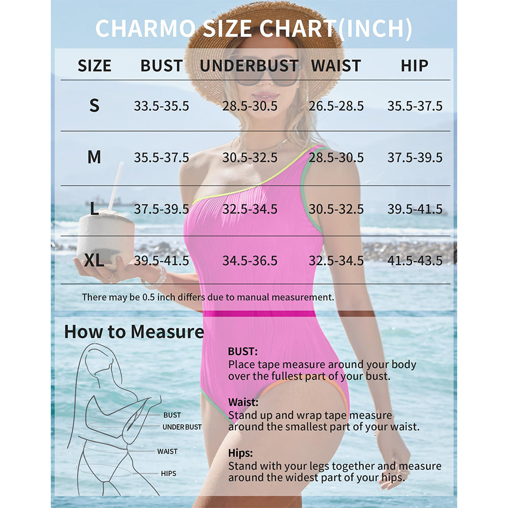 Charmo One Piece Swimsuit for Women One Shoulder Modest Bathing Suits Color Block Neon Swim Suit Slimming Swimwear 2026