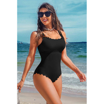 Charmo Women's Scalloped Edge One-Piece Swimsuit Adjustable Straps & Open Back Bathing Suit