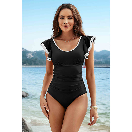 Charmo Women's Double Layer Contrast Ruffled Sleeve Ruched Bow-Back One Piece Swimsuit Tummy Control Bathing Suit
