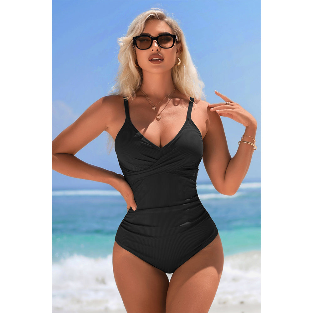 Charmo Women's Cross-Front Ruched One-Piece Swimsuit Back Cutout & Adjustable Clasp Tummy Control Bathing Suit