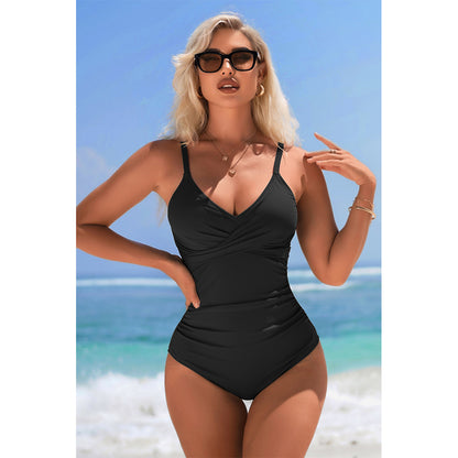 Charmo Women's Cross-Front Ruched One-Piece Swimsuit Back Cutout & Adjustable Clasp Tummy Control Bathing Suit