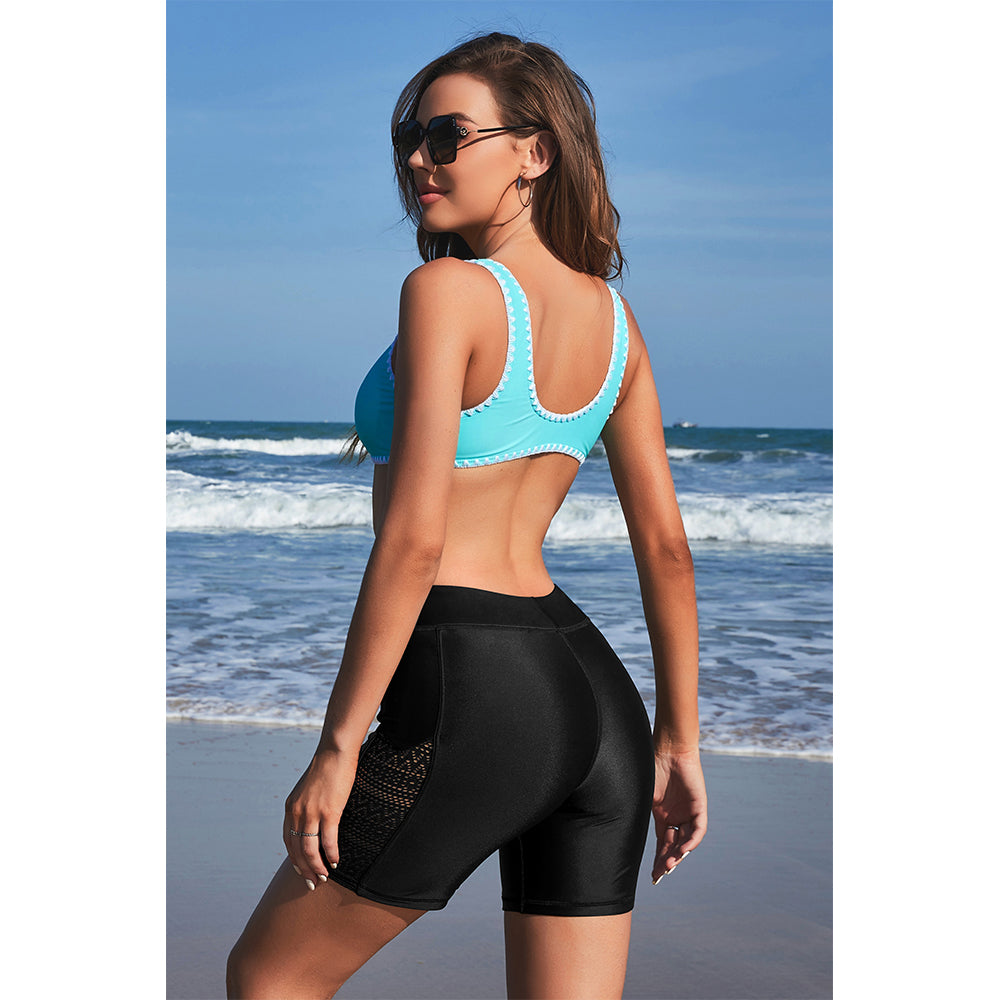 Charmo Women's High Waisted Swim Shorts with Side Lace Mesh Panels Swim Bottoms