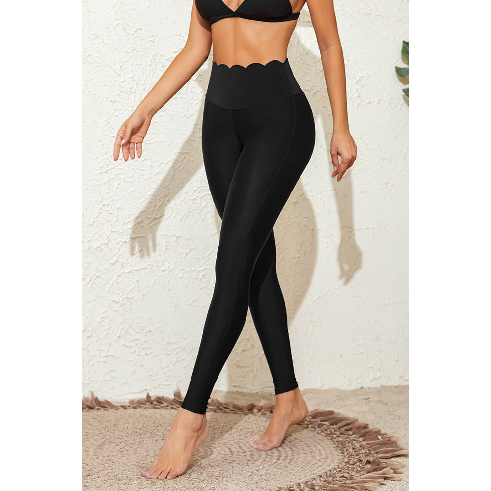 Charmo Women's High Waisted Scalloped Edge Swim Leggings with Full Length Coverage Swim Pants