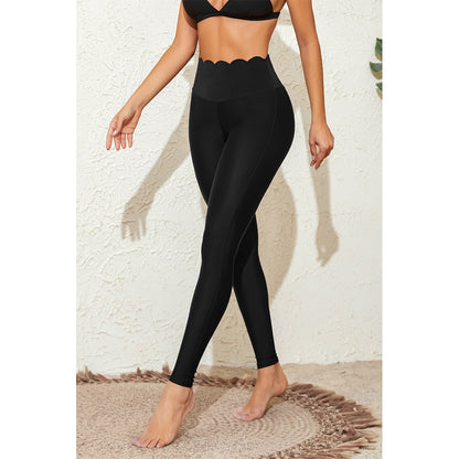 Charmo Women's High Waisted Scalloped Edge Swim Leggings with Full Length Coverage Swim Pants