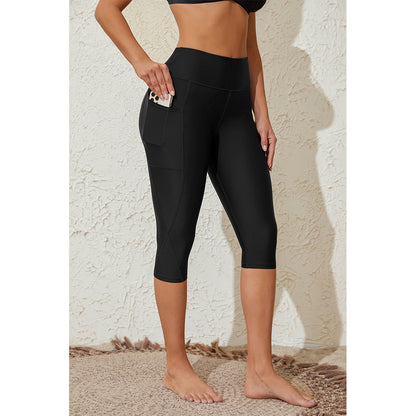 Charmo Women's High Waisted Capri Swim Leggings with Two Side Pockets Swim Shorts Swimming Leggings