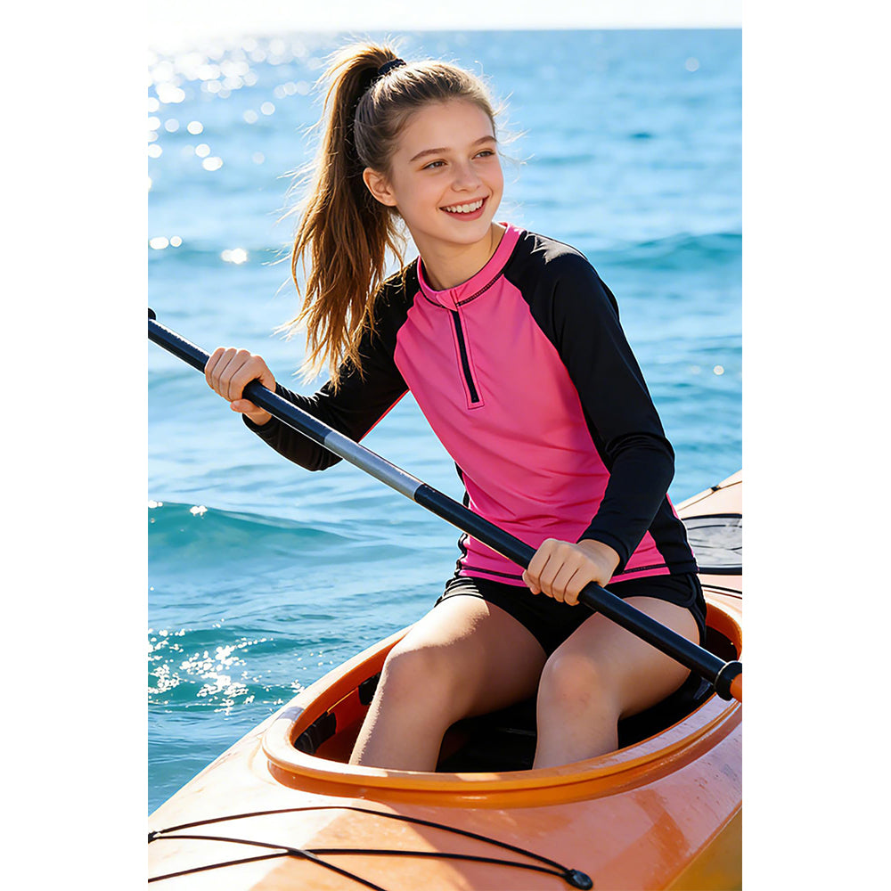 Charmo Rash Guard for Girls UPF 50+ UV Protection Swim Shirt Zip Up Long Sleeve Swim Top Athletic Shirts 7-16 Years