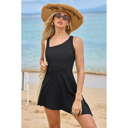 Charmo Women's Asymmetrical Shoulder One Piece Skirted Swimsuit with Side Slit & Built-In Brief Swimming Dress