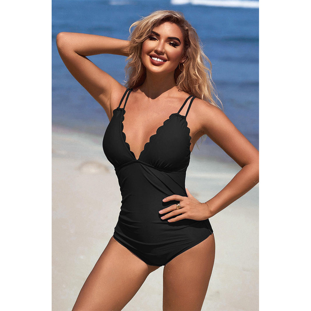 Charmo Women's Scalloped V-Neck Double-Strap One-Piece Swimsuit