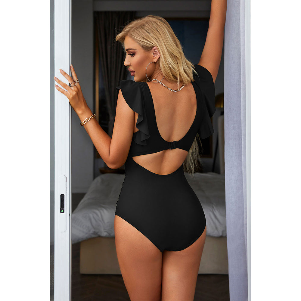 Charmo Women's Ruffled Sleeve Twist Front Cutout One Piece Swimsuit Tummy Control Bathing Suit