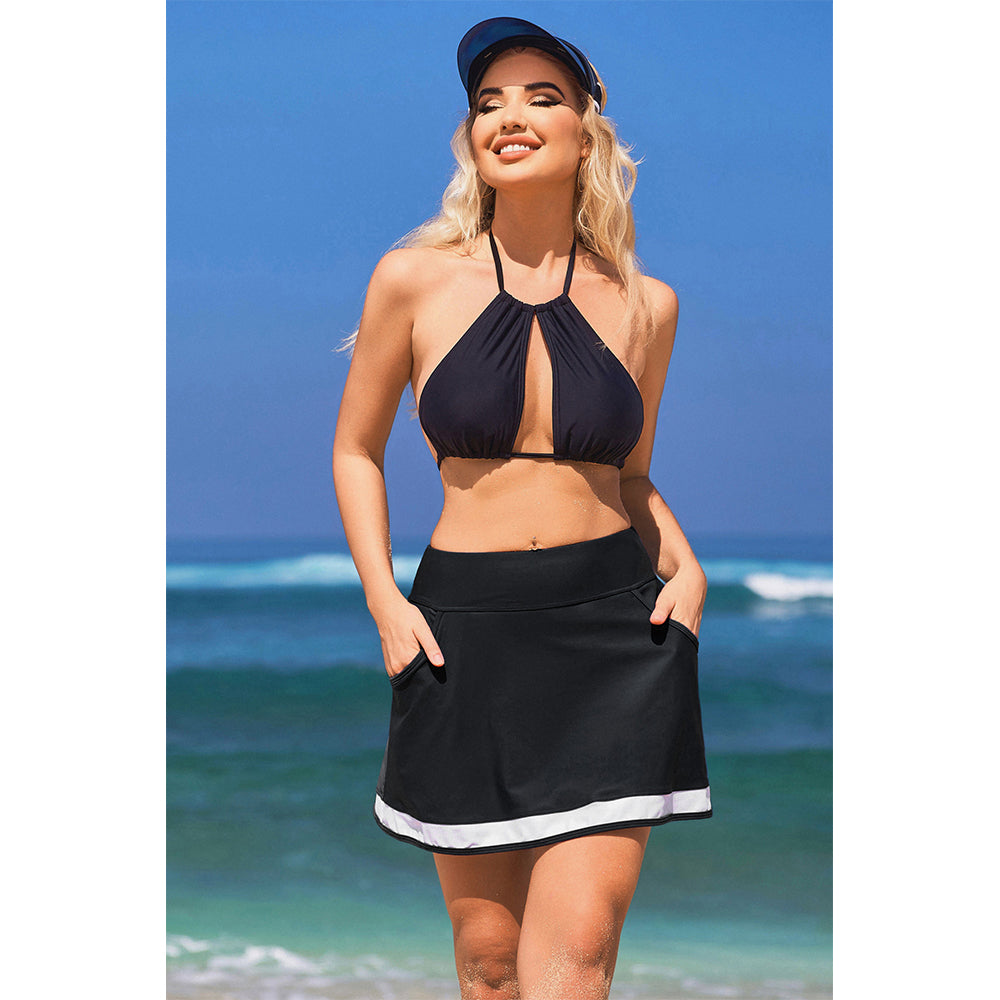 Charmo Women's High Waisted Swim Skirt with Side Pockets Contrast Trim and Built-in Briefs