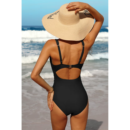 Charmo Women's Twist Front Cutout Cutout Design Ruched One-Piece Swimsuit with Adjustable Straps & Open Back Bathing Suit