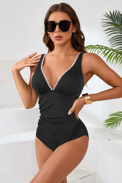 Charmo Women's Ribbed Trim Accents V Neck One Piece Swimsuit Cutout Back & Adjustable Straps Bathing Suit