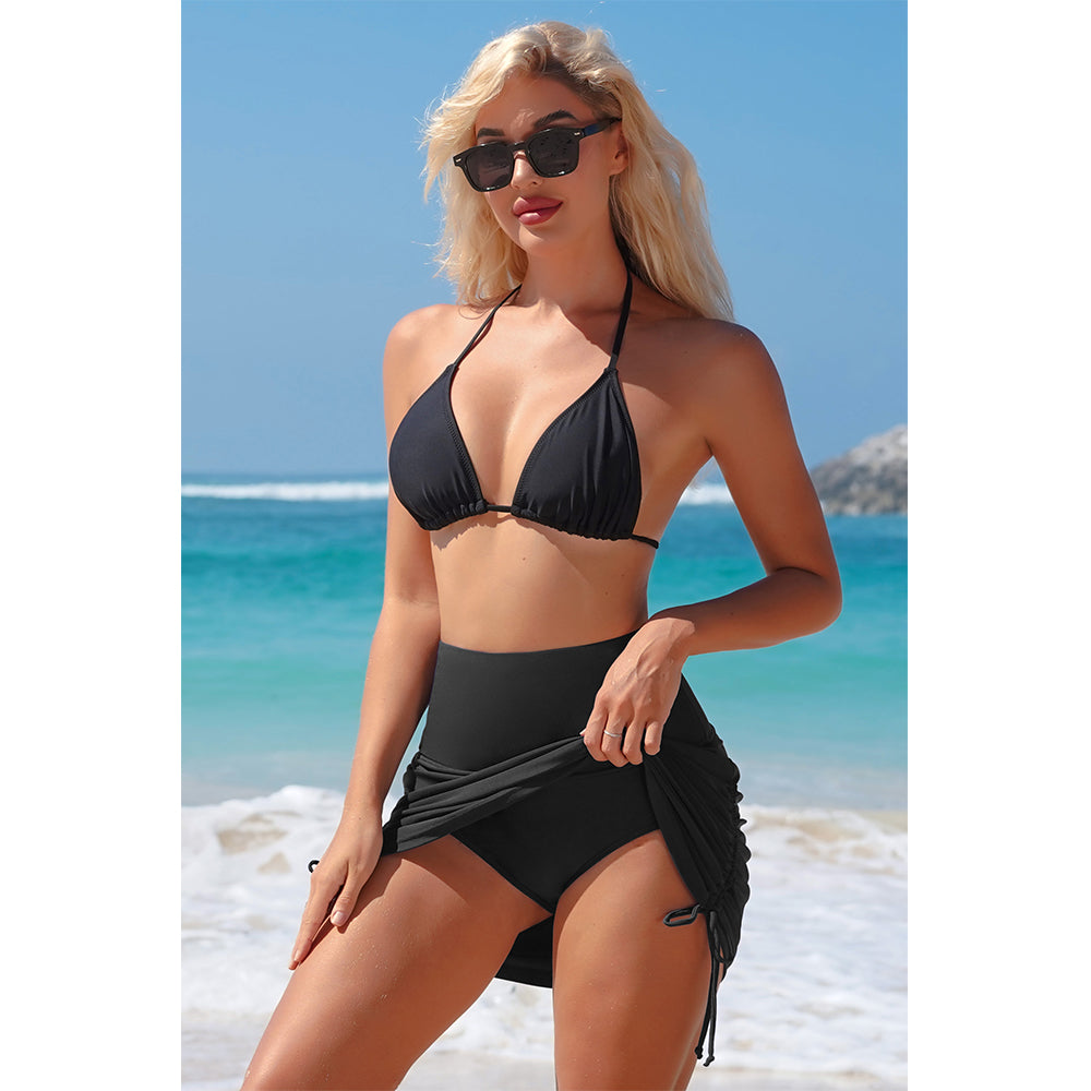 Charmo Women's High Waisted Swim Skirt with Adjustable Side Ruched Drawstring and Built-in Brief