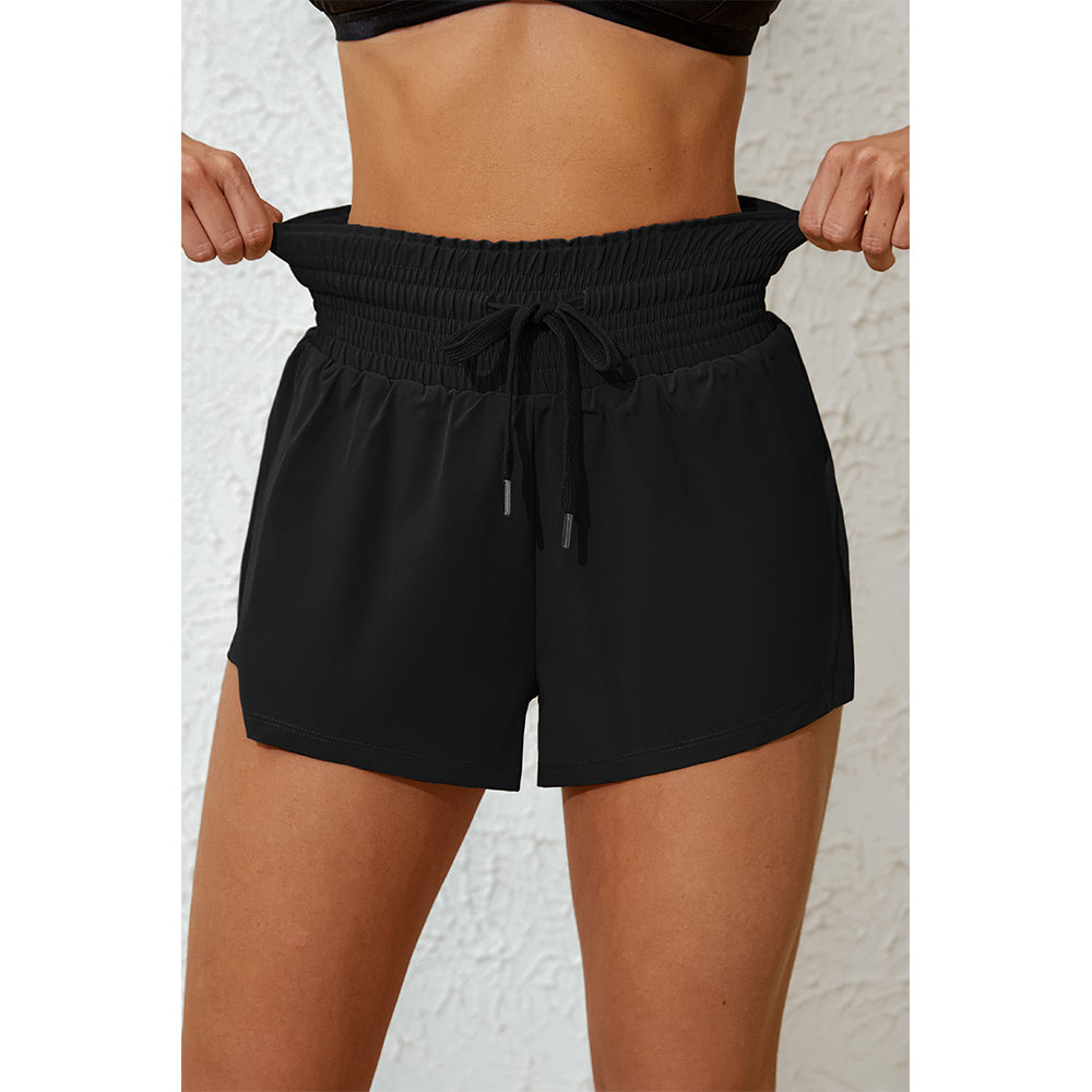 Charmo Women's High Waisted Smocked Drawstring Swim Shorts with Side Pockets Split Hem and Built-in Briefs Board Shorts