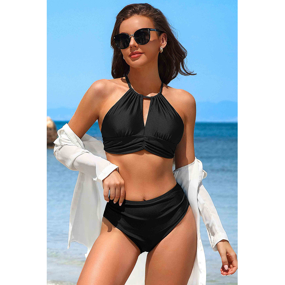 Charmo Women's Halter Keyhole Ruched High Waisted Two Piece Bikini Set