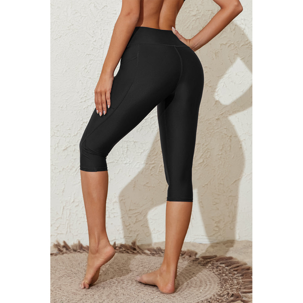 Charmo Women's High Waisted Capri Swim Leggings with Two Side Pockets Swim Shorts Swimming Leggings