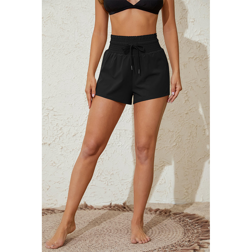 Charmo Women's High Waisted Smocked Drawstring Swim Shorts with Side Pockets Split Hem and Built-in Briefs Board Shorts