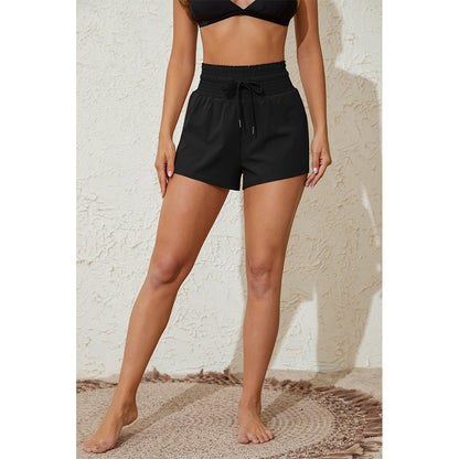 Charmo Women's High Waisted Smocked Drawstring Swim Shorts with Side Pockets Split Hem and Built-in Briefs Board Shorts
