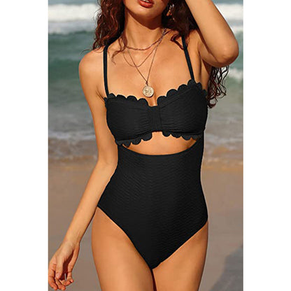 Charmo Women's Scalloped Trim Bow Front Cutout Textured Open Back One Piece Swimsuit