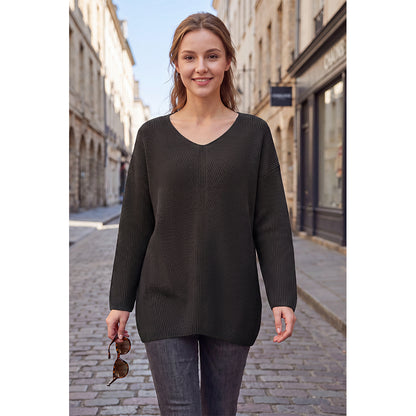 Attraco Women's Oversized V Neck Tunic Sweater Long Sleeve Ribbed Knit Pullover Casual Fall Winter Soft Cozy Top