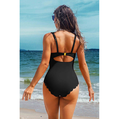 Charmo Women's Scalloped Edge One-Piece Swimsuit Adjustable Straps & Open Back Bathing Suit