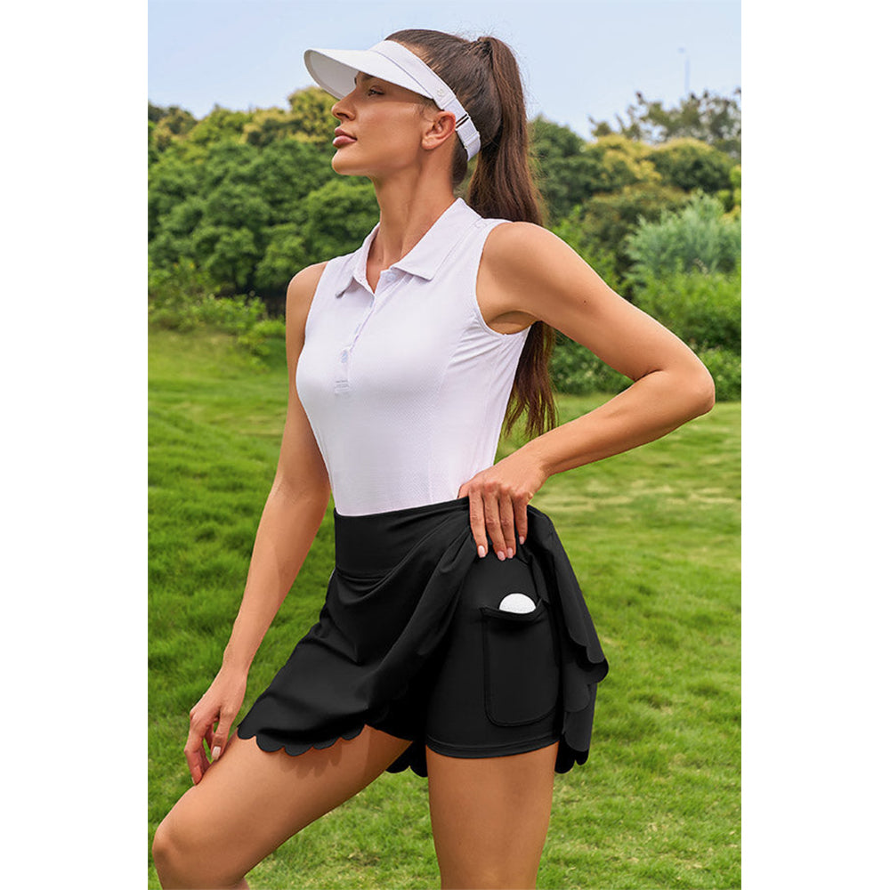 Attraco Women High Waist Scalloped Hem Tennis Skirt with Built In Shorts and Four Side Pockets