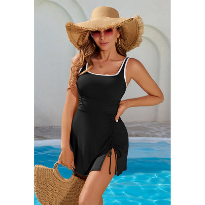 Charmo Women's Ribbed Square Neck Contrast Trim Swim Dress with Side Drawstring Ruched and Built-in Briefs